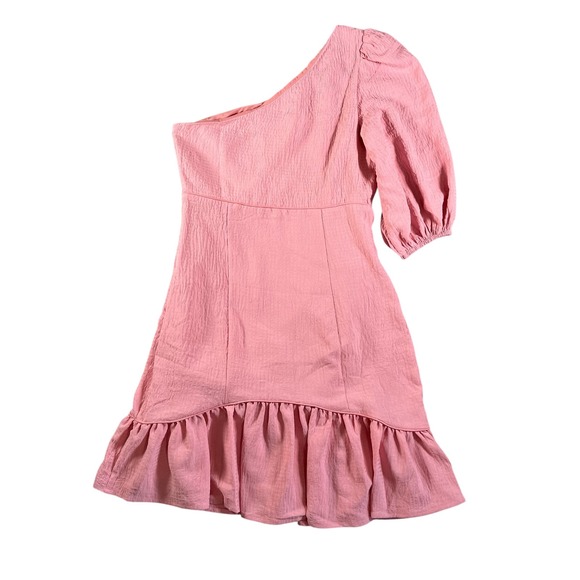 Showpo NWT Razille One Shoulder Puff Sleeve Ruffle Hem Mini Dress Pink US 6 - Picture 2 of 11
